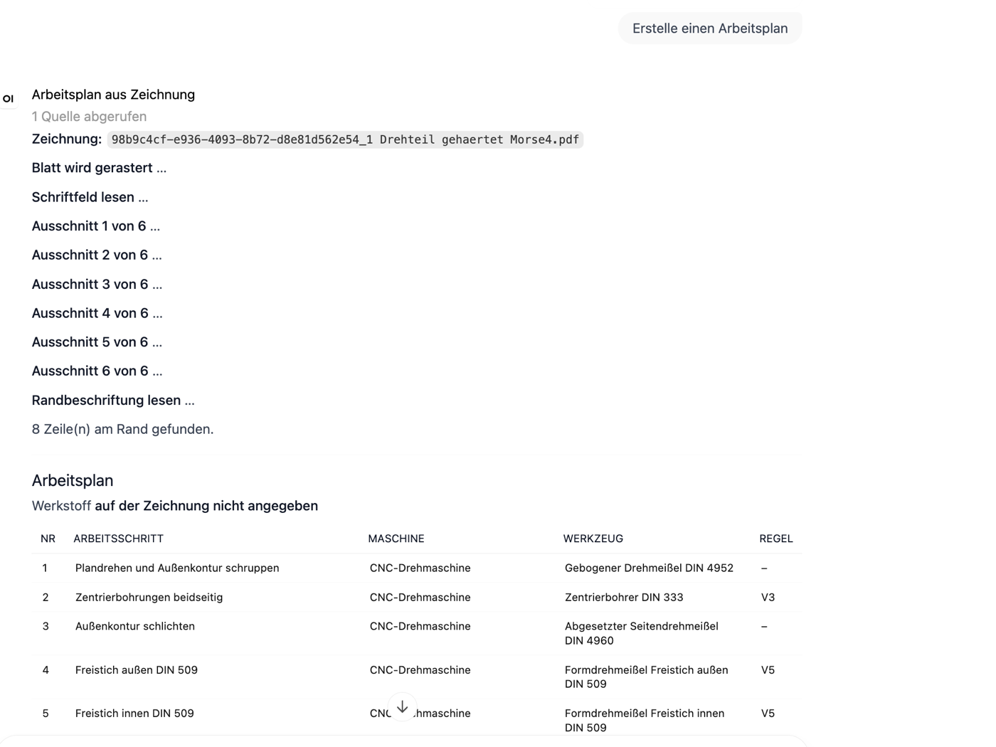 Aus einer PDF-Zeichnung entsteht ein Arbeitsplan: die Plattform rastert das Blatt, liest Schriftfeld und Randbeschriftung, prüft sechs Ausschnitte und gibt Arbeitsschritte mit Maschine, Werkzeug und Normbezug aus.